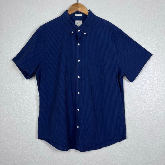 J Crew Mens Button Down XL 100% Organic Cotton Navy Blue Short Sleeve Slim Prep - Picture 1 of 5